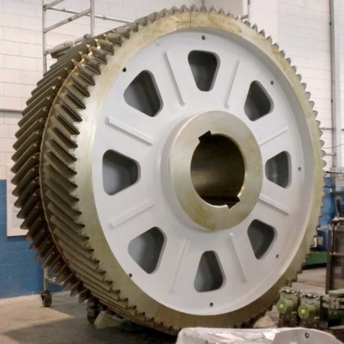 Large gear wheel and pinion for rolling mill plant