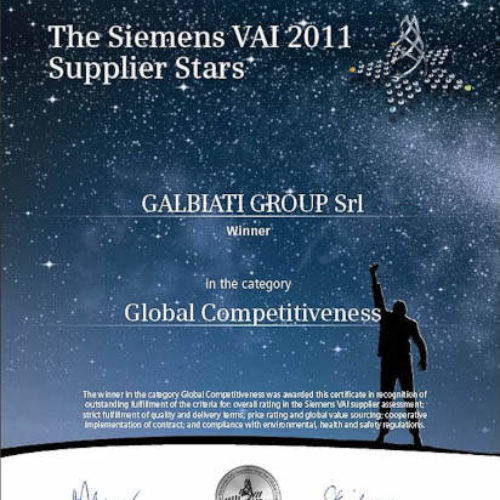 Galbiati Group miglior fornitore di Siemens Vai per il biennio 2010-2011.